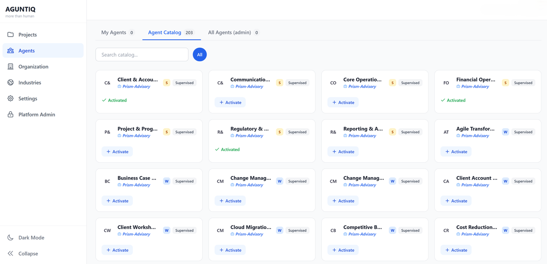 AguntIQ agent catalog — supervised agents across departments